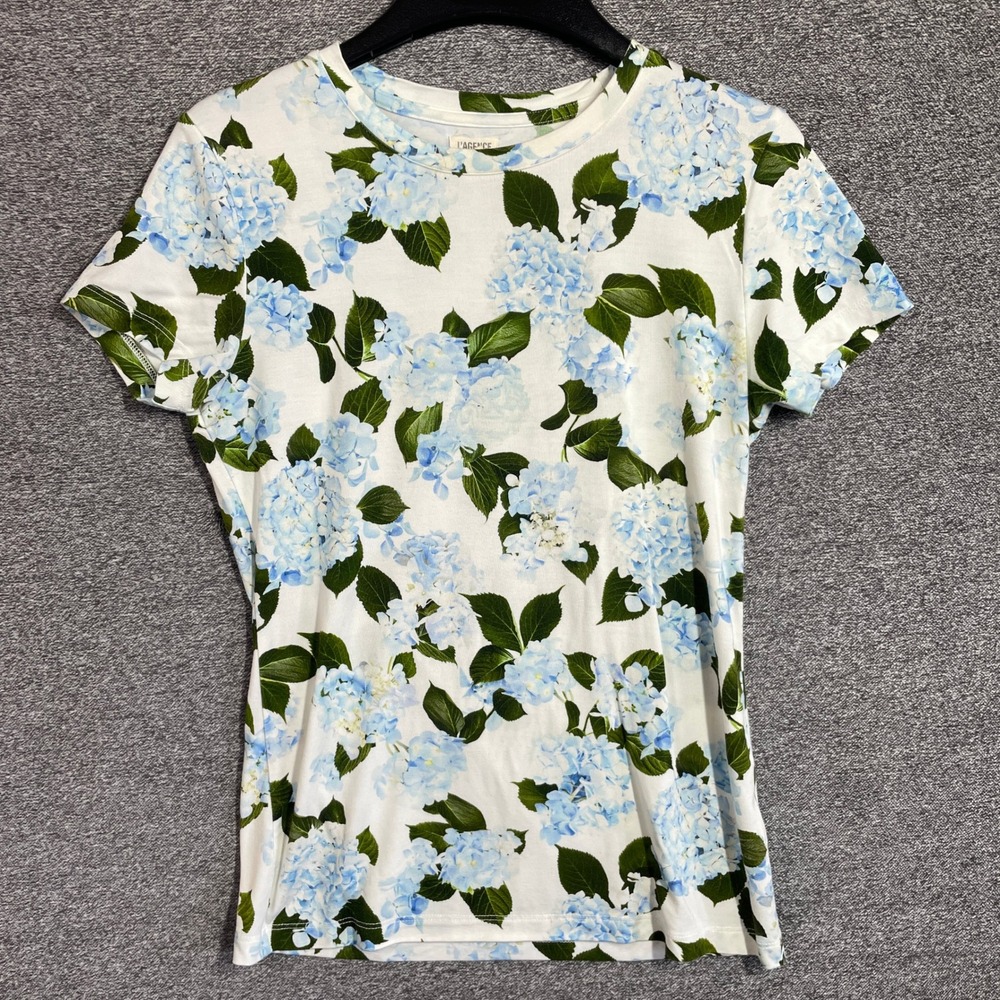 L'Agence Ressi Hydrangea Floral Short Sleeve T-Shirt Ivory Blue Small 5507CJH
